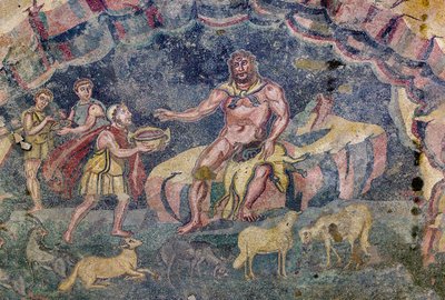 Polyphemus (mozaik) girişini tasvir eden zemin mozaik by Roman