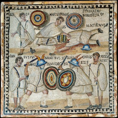 Simmachius ve Maternus adlı iki at arasındaki dövüşü betimleyen mozaik, Roma, MS 3. yüzyıl by Roman