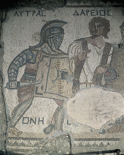 Mozaik duvardaki iki gladyatörün resmi, Kourion, Limasol, Kıbrıs by Roman