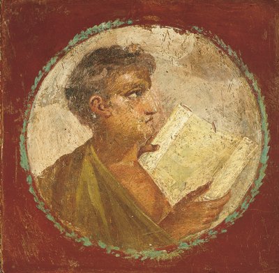 Bir papirüs parşömeni tutan genç bir adamın portresi, MS 55-79 (fresk) by Roman