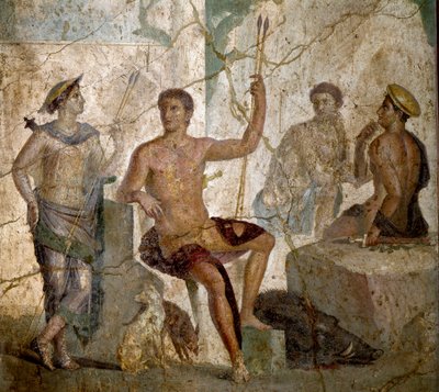 Roma Sanatı: “” Meleagre ve Atalante””” MS 1. yüzyıldan kalma Roma freski. Pompei'den. Napoli, Ulusal Arkeoloji Müzesi - Roma sanatı: Meleager ve Atalanta. Pompeii'den MS 1. yüzyıla ait Roma freski. Ulusal Arkeoloji Müzesi, Napoli, It by Roman