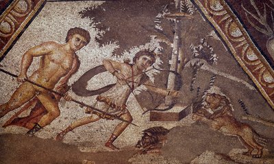 Roma Sanatı: İki avcıyı temsil eden Konstantin “Daphne” villasının avlusundan mevsimlerin mozaiği. Detay. Antioche-sur-l