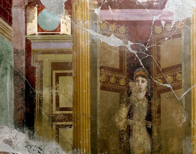 Roma Sanatı: “” Bir kapının girişindeki bir kadının portresi”” Fabio Rufo (Marcus Fabius Rufus) tarafından yapılan villanın freskinin detayı MS 1. yüzyıl. Pompei, İtalya by Roman