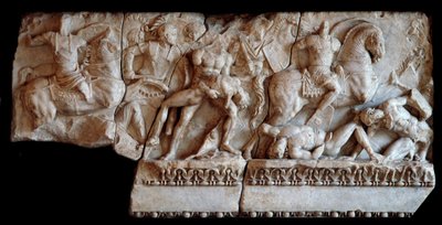 Roma Sanatı: Galyalılar ve Romalılar arasındaki bir savaş sahnesini temsil eden mermer lahit parçası, MS 20 (Roma sanatı: Romalı ve Galyalı askerler arasındaki bir kavganın kabartmalı mermer lahit parçası, MS 20) Dim 87x173 cm Mantua, Palazzo Ducale, Coll by Roman