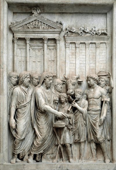 Roma İmparatoru Marcus Aurelius, Jüpiter Tapınağı önünde kurban verirken, Roma, c.161-180 (Mermer kabartma) by Roman