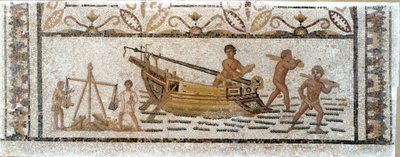 Antik Roma: “” Bir gemiden odun yükünü boşaltmak ve kurşun tartmak””” Tunus'taki Sousse'den gelen mozaik. MS 3. yüzyıl. karartmak 90x230 cm Musee du BarDo, Tunus by Roman