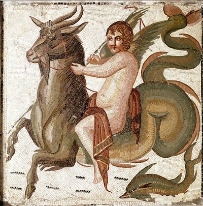 Roma sanatı: “Bir deniz yaratığına binen aşk tanrısı” İmparator Septius Severe ailesinin bir villasından mozaik. JC'den sonra 2. yüzyılın sonu. Roma, Museo Nazionale Romano by Roman