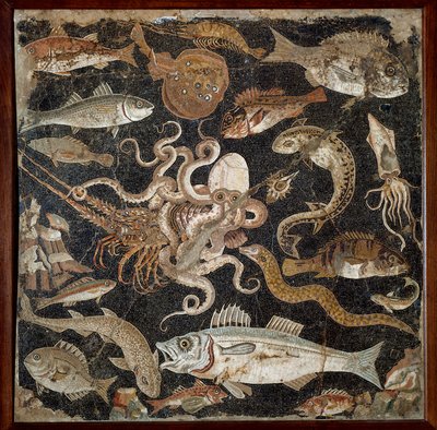 Roma sanatı: “” Deniz faunası”” 2. yüzyıl mozaiği. Napoli, Museo Archeologico Nazionale, env. 120177 - Roma sanatı: Deniz yaşamı. MÖ 2. yüzyıl mozaiği. Ulusal Arkeoloji Müzesi, env. 120177, Napoli, İtalya. by Roman