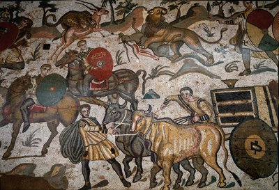 Roma sanatı: mozaiğin detayı “Büyük av kısmı”” Char öküzlerle çekiyor. 315-350 AD. Piazza Armerina, Villa Romana del Casale by Roman