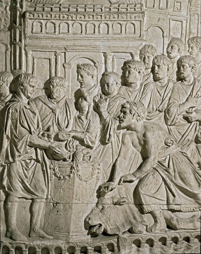 Roma sanatı: Romalılara haraç ödeyen Sarmat vatandaşlarını temsil eden alçak kabartma. Marc-Aurele (Marx Aurele) sütununun kabartmalarından. MS 2. yüzyıl. Roma, Museo della Civilta Romana by Roman