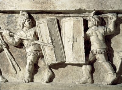 Roma sanatı: bir gladyatör savaşını temsil eden alçak kabartma. 1. yüzyıl. Roma, Museo della Civilta Romana by Roman