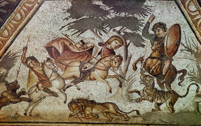 Roma sanatı: Konstantin “Daphne” villasının avlusundan mevsimlerin mozaiği. Aslan ve kaplan avı sahnesini gösteren detay. Antioche-sur-l