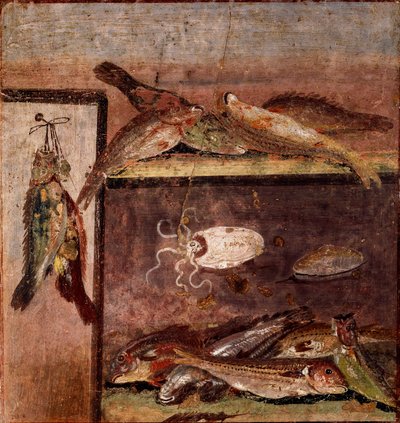 Roma sanatı: “”balıklı natürmort”” Pompeii bölgesinden fresk. 1. yüzyıl. Napoli, Museo Archeologico Nazionale by Roman