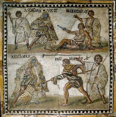 Bir asker ve bir secutor arasındaki gladyatör dövüşleri sahnesi, 4. yüzyıl (mozaik) by Roman