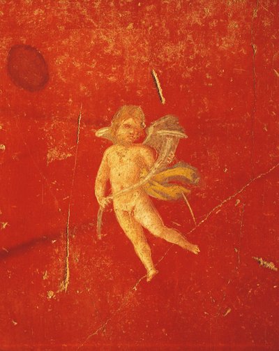 Kırmızı Pompei arka planda melek, Dördüncü Pompei Stilinde fresk, Pinario Ceriale Evi, Pompeii, Campania, Roma Medeniyeti'nden by Roman Roman