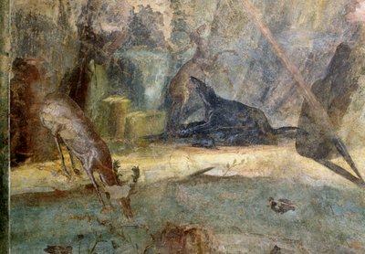Köpeğin saldırısına uğrayan geyik, köpekleri tarafından yutulan Actaeon'dan detay, Pompeii Menander Evi'nden fresk (UNESCO Dünya Mirası Listesi) by Roman Roman