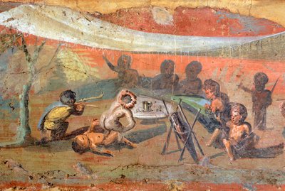 UNESCO Dünya Mirası Listesi'ndeki Pompeii'den Nil Nehri boyunca alçı üzerine kurulmuş pigmelerin yer aldığı bir sahneyi tasvir eden tablonun detayı, 56x217 cm by Roman Roman