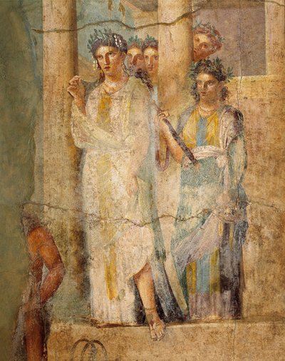 Boğa burcundaki Iphigenia'yı tasvir eden fresk, İtalya, Pompeii'deki L. Caecilius Giocondus Evi'nden hizmetçilerin detayı by Roman Roman