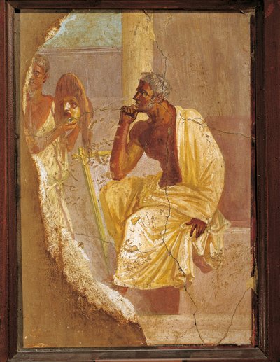 İtalya, Pompei'den aktör ve trajik maskeyi tasvir eden fresk by Roman Roman