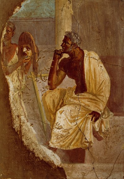 Pompeii'den (UNESCO Dünya Mirası Listesi) aktörü ve trajik maskeyi tasvir eden fresk by Roman Roman