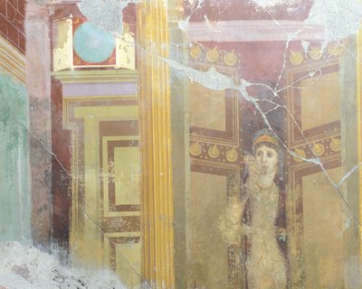 Fabius Rufus Evi, Pompeii, Campania, Roma Medeniyeti'nden sahte mimari dekorasyon ve kadın figürünü tasvir eden fresk by Roman Roman