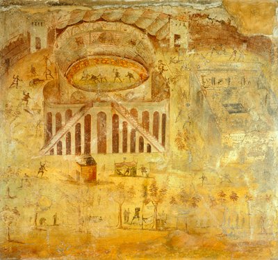 Pompeii, Campania, Roma Medeniyeti'nden amfitiyatroda Pompei'liler ve Nocerini arasındaki kavgayı tasvir eden fresk by Roman Roman