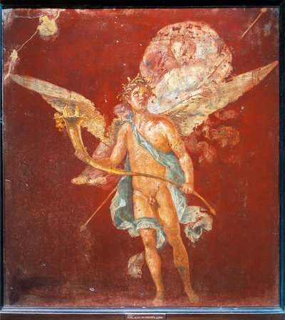 İtalya, Pompei, Naviglio Evi'nden kanatlı Genius'u omuzlarında taşıyan kadını tasvir eden fresk by Roman Roman