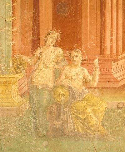 Kırmızı zemin üzerine Dördüncü Pompei Stilinde Fresk, Pinario Ceriale Evi, Pompeii, Campania, Roma Uygarlığı by Roman Roman