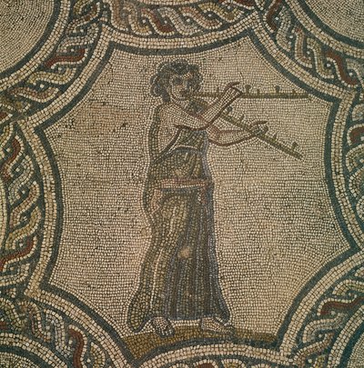 Fas, Volubilis'teki Dionysos Evi'nden kadın flütçüyü tasvir eden mozaik, Roma Uygarlığı, by Roman Roman
