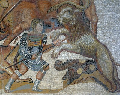 Vahşi bir hayvan avı sahnesini gösteren mozaik, vahşi bir hayvanı öldüren bir gladyatörün detayı by Roman Roman