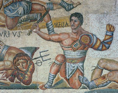 Gladyatörlerle savaşan bir sahneyi gösteren mozaik, muzaffer bir gladyatörün detayı by Roman Roman