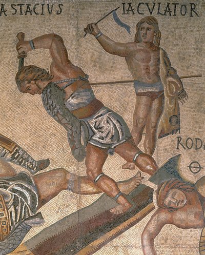 Gladyatör dövüş sahnesi olan mozaik, zırh giymiş bir gladyatörün detayı by Roman Roman