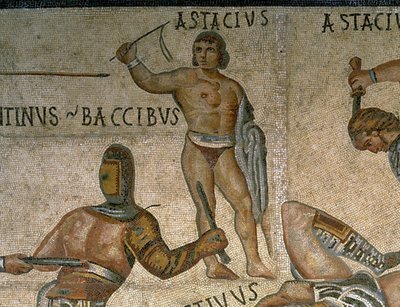 Gladyatör dövüş sahnesi olan mozaik, zırh giymiş bir gladyatörün detayı by Roman Roman