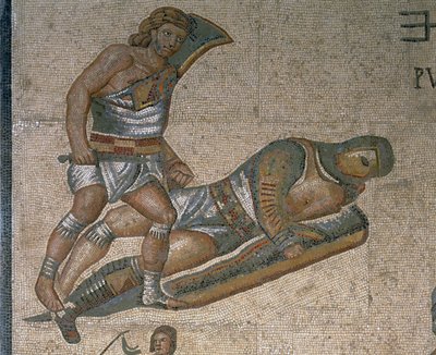 Gladyatör dövüş sahnesi olan mozaik, zırh giymiş bir gladyatörün detayı by Roman Roman