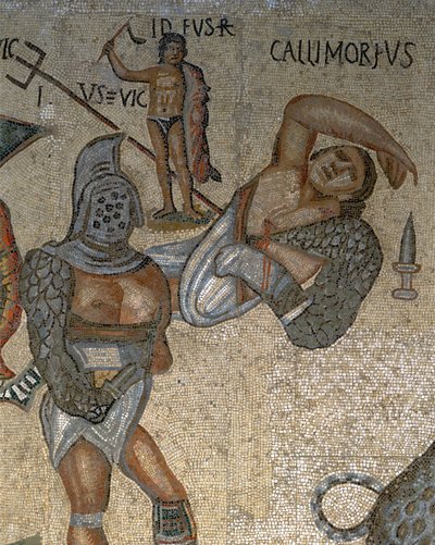 Gladyatör dövüş sahnesi olan mozaik, zırh giymiş bir gladyatörün detayı by Roman Roman