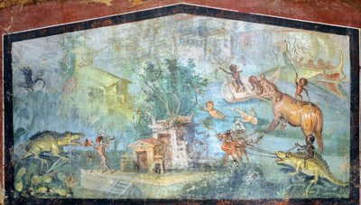 Pompeii'den (UNESCO Dünya Mirası Listesi) timsahlara ve su aygırlarına saldıran pigmelerin yer aldığı Nilotik bir sahneyi tasvir eden alçı üzerine resim, 75x127 cm by Roman Roman