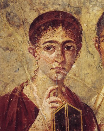 Fırıncı Terentius Neo ve karısının resmi kıyafetli portresi, İtalya, Campania, Pompeii, MS 55-79'dan açık kalemi ve diptiğiyle karısının detayı, alçı üzerine resim by Roman Roman