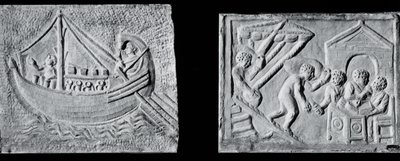 Bir ticaret gemisini betimleyen rölyef (Museo Nazionale, Roma) ve bir geminin boşaltılmasını betimleyen rölyef (Museo Torlonia, Roma) 3. veya 4. yüzyıl (taş) (s/b fotoğraf) by Roman Roman