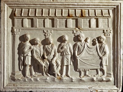 Roma sanatı: bir kumaşı ve duvar halılarını temsil eden alçak kabartma kalıp. MS 2. yüzyıla ait bir orijinalden. Roma Museo della Civilta Romana by Roman Roman