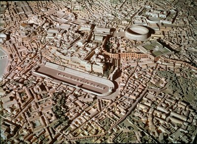 Roma sanatı: Antik dönemde Roma kentini betimleyen model. Merkezde, Circus Maximus veya Grand Circus tank yarışları için yedekler. Roma, Museo della Civilta romana - Roma Sanatı. Circus Maximus ve Etrüsk Duvarları. Yeniden yapılanma modelinden detay by Roman Roman
