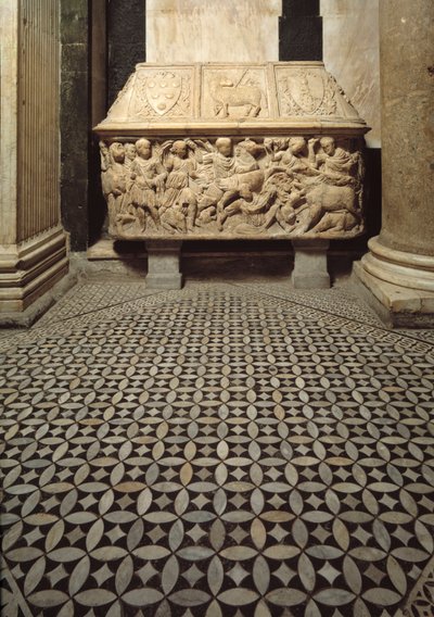 Bir yaban domuzu av sahnesi kabartmalı Roma lahiti, Medicis ailesinin kollarını süsleyen kapak by Roman Roman