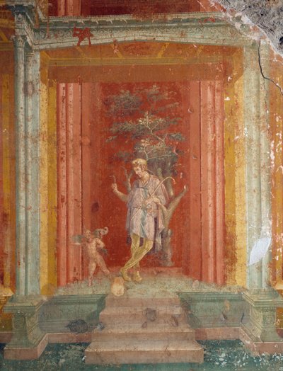 Tiyatro sahnesi, fresk (IV stili), House of Pinarius Cerialis, Pompeii'den (Unesco Dünya Mirası Listesi) kırmızı zemin üzerine by Roman Roman