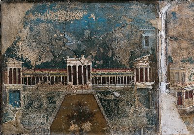 Mimari manzarayı tasvir eden üçüncü stil fresk, sütunlu sundurma ile sınırlanan binanın detayı, Pompei'den by Roman Roman