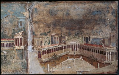 Pompeii'den mimari manzarayı, sütunlu sundurmanın detayını tasvir eden üçüncü stil fresk by Roman Roman