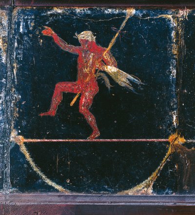 Pompeii'deki sözde Villa of Cicero'dan Funambolist Seleni'yi tasvir eden üçüncü stil fresk, Silenus'un thyrsus'u tutmasının detayı by Roman Roman