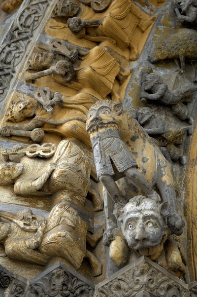 Saint Marie, Oloron Sainte Marie (Atlantik Pireneleri) katedralinin cephesinin oyulmuş tonozunun detayı by Romanesque