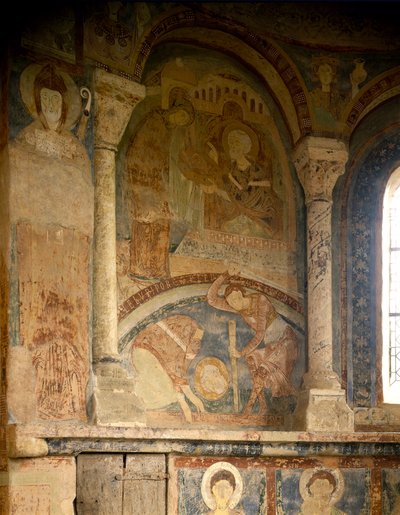 Romanesk Sanat: Saint Laurent şehitini (1103-1130) betimleyen resim. Fresk. Chateau des Moines Şapeli, Berze la Ville (Saone ve Loire, Burgundy