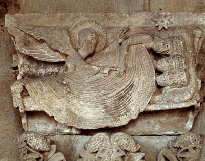 Magi, onları uyandıran ve Bethlehem yıldızına (oyma başkent) işaret eden bir melekle uyuyor by Romanesque