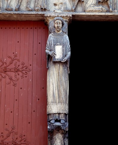 Merkezi portalın orta direği üzerindeki bir heykelin görünümü (1140-1200) by Romanesque