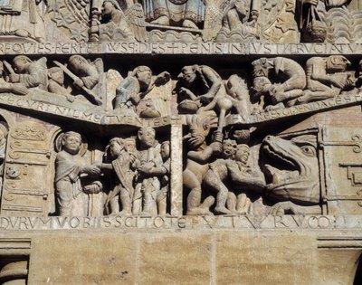 Son yargının kulak zarının görünümü, cehennemin detayı (heykel by Romanesque